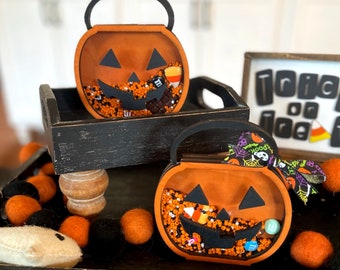 CANDY BUCKET Shaker Sign/ Halloween Ghost themed decor / Wood Signs Shaker with Beads and Sprinkles / Accent Decor / Fall Halloween Tray