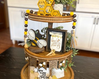 BEE TIERED TRAY/ Honey Bee themed decor & bundle / Wood Signs, Wood Bead Garland, Accent Decor, Shaker Signs/ Spring Summer Tray