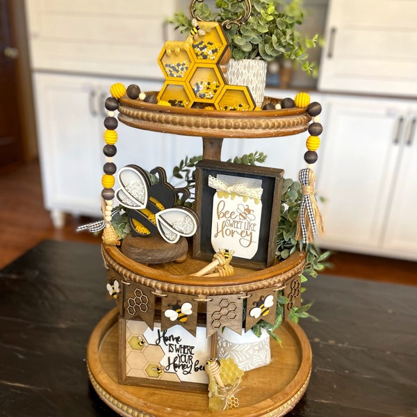 BEE TIERED TRAY/ Honey Bee themed decor & bundle / Wood Signs, Wood Bead Garland, Accent Decor, Shaker Signs/ Spring Summer Tray