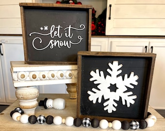 Snowflake and Let it Snow Signs / Winter and Snow Tiered Tray Signs, Snowflake Mini Sign, Christmas Tiered Tray Decor