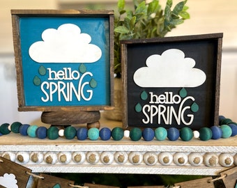 Sign "Hello Spring" Rainy Day Sign/ Spring themed decor / Wood Signs / Accent Decor / Spring Tiered Tray / Rainy Day Cloud Sign