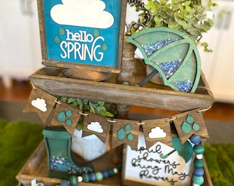 Rainy Day TIERED TRAY/ Spring Rain themed decor & bundle / Wood Signs, Wood Bead Garland, Accent Decor/ Spring Tray