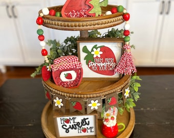 STRAWBERRY TIERED TRAY/ Strawberry themed decor & bundle / Wood Signs, Wood Bead Garland, Accent Decor, Shaker Signs/ Spring Summer Tray