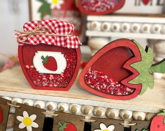 STRAWBERRY & JAM SHAKER Signs/ Strawberry Signs/ Wood Signs Shaker with Beads and Sprinkles / Accent Decor / Strawberry Tiered  Tray Decor