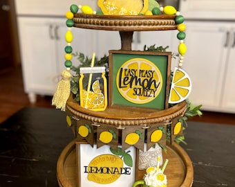 LEMON TIERED TRAY/ Lemon themed decor & bundle / Wood Signs, Wood Bead Garland, Accent Decor, Shaker Signs / Spring Summer Tray