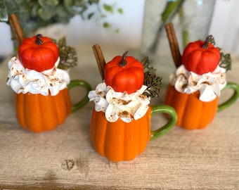 MINI MUG & WHIP/ "Pumpkin and Leaves" Mini Mug with Faux Whipped Cream Topping / Fall Autumn Tiered Tray