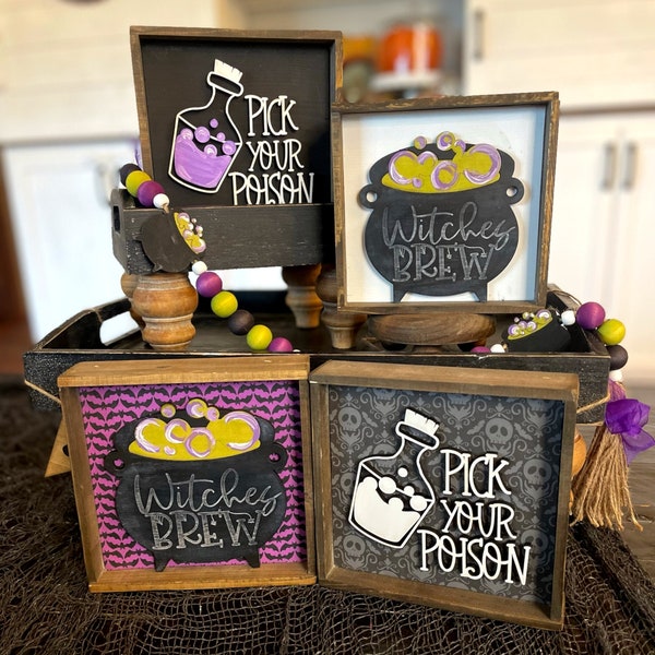 Witches Brew and Pick Your Poison Signs / Fall Halloween themed decor / Wood Signs / Accent Decor / Halloween Tiered Tray/ Witch Theme Decor