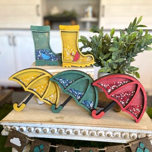 SPRING SHAKER Sign/ Rain Boot and Umbrella Signs/ Wood Signs Shaker with Beads and Sprinkles / Accent Decor / Spring Rain Decor Tray