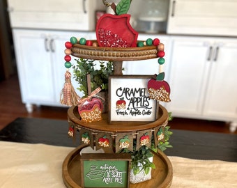 APPLE TIERED TRAY Bundle / Caramel Apple themed decor & bundle / Wood Signs, Wood Bead Garland, Accent Decor