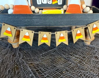 Candy Corn BANNER ONLY/ Trick or Treating Themed Wooden Banner/Miniature Wood Banner with Candy Corn accents/ Halloween Tray Decor