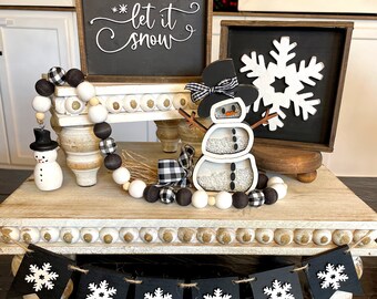 BUNDLE SNOWMAN/ Snowman Tiered Tray Bundle/ Christmas Tray/ Wood Bead Garland/ Let it Snow and Snowflake Sign/Faux Whip Mug Topper