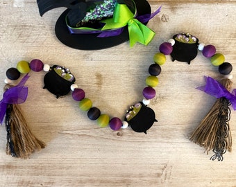 Witch BEADED GARLAND / Witch Cauldron themed decor / Wood bead garland with Cauldron accents / Accent Decor / Halloween Tray