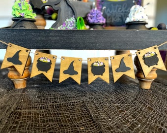 Witch BANNER ONLY/ Witch Themed Wooden Banner/Miniature Wood Banner with Cauldron and Witch Hat accents/ Accent Decor / Halloween Tray Decor