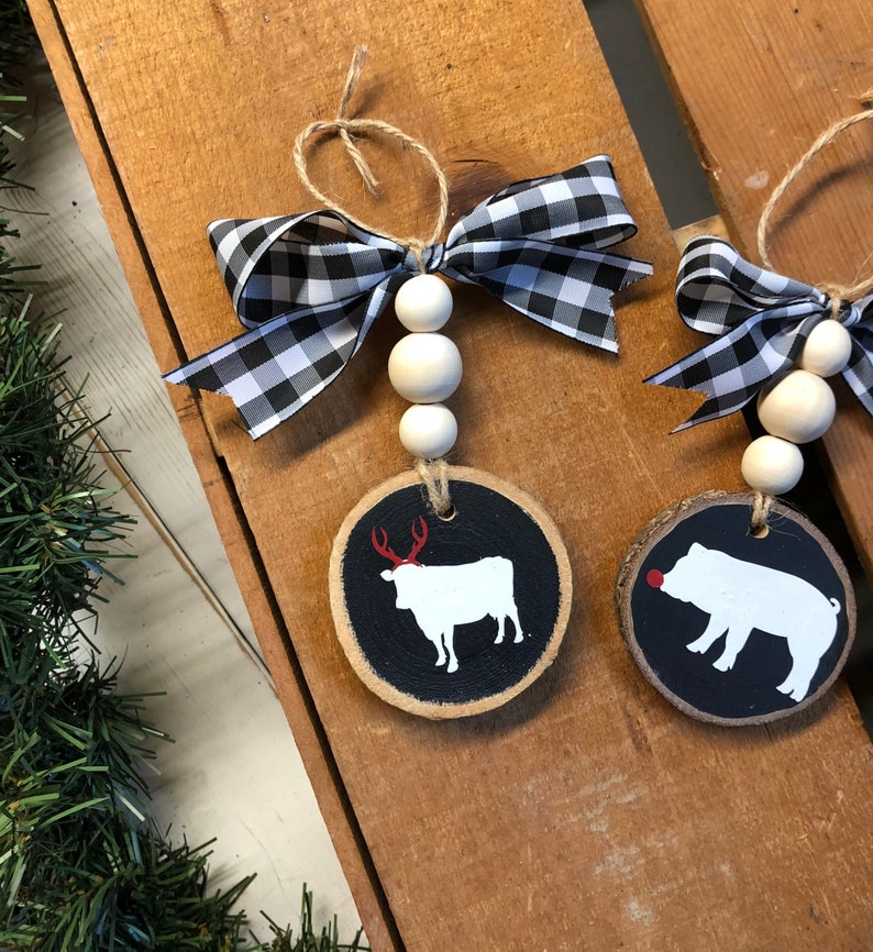 Farm Animal Ornaments Farm Beaded Wood Slice Ornament Wood | Etsy