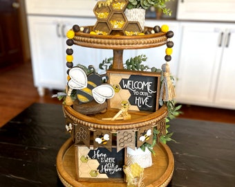 BEE TIERED TRAY/ Honey Bee themed decor & bundle / Wood Signs, Wood Bead Garland, Accent Decor, Shaker Signs/ Spring Summer Tray