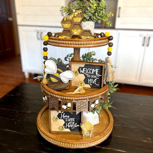 BEE TIERED TRAY/ Honey Bee themed decor & bundle / Wood Signs, Wood Bead Garland, Accent Decor, Shaker Signs/ Spring Summer Tray