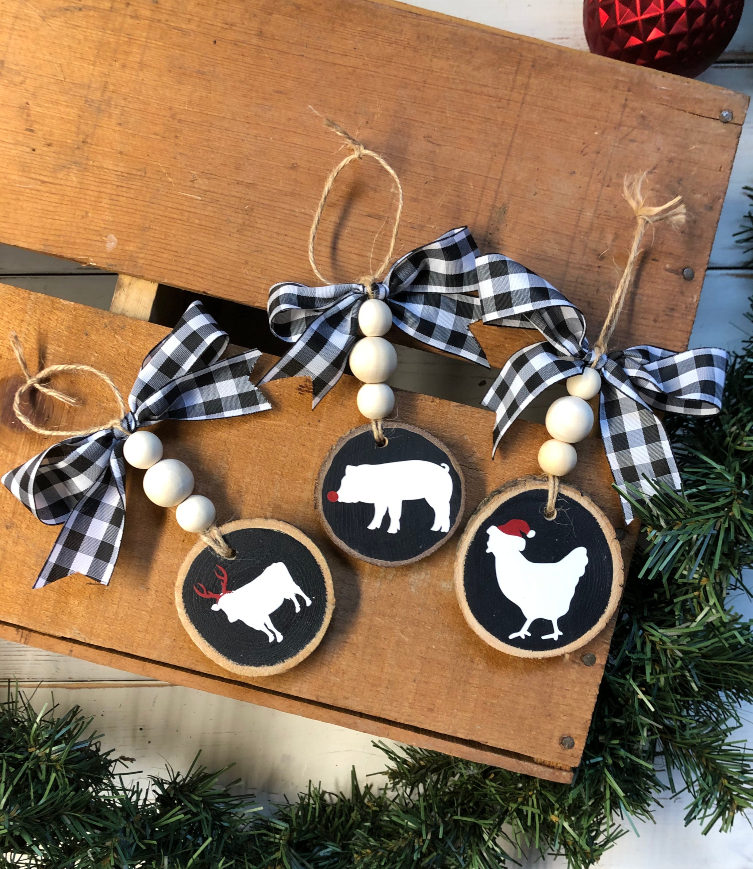 Farm Animal Ornaments Farm Beaded Wood Slice Ornament Wood Etsy
