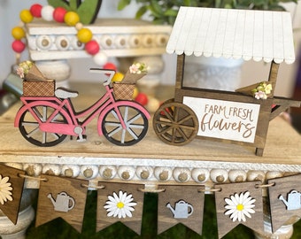 Bicycle And Market Stall Signs/ Mini Bicycle with Flowers / Wood Signs / Accent Decor / Spring Flower Market Decor Tray