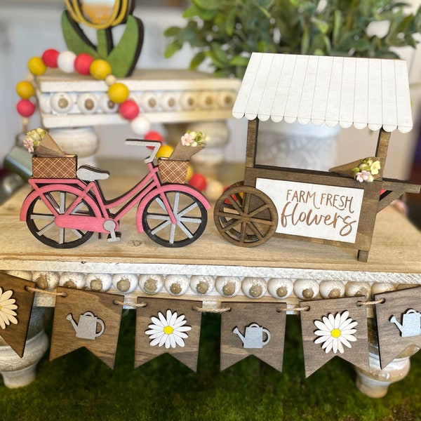 Bicycle And Market Stall Signs/ Mini Bicycle with Flowers / Wood Signs / Accent Decor / Spring Flower Market Decor Tray