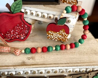 Caramel Apple BEADED GARLAND / Fall Apple themed decor / Wood bead Caramel Apple Candy Apple garland / Accent Decor / Autumn Fall Tray