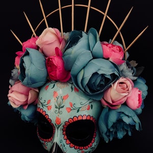 MADE TO ORDER . Catrina Mask with pink and blue flowers .Half face Catrina Mask. Day of the dead art. Carnival mask image 5