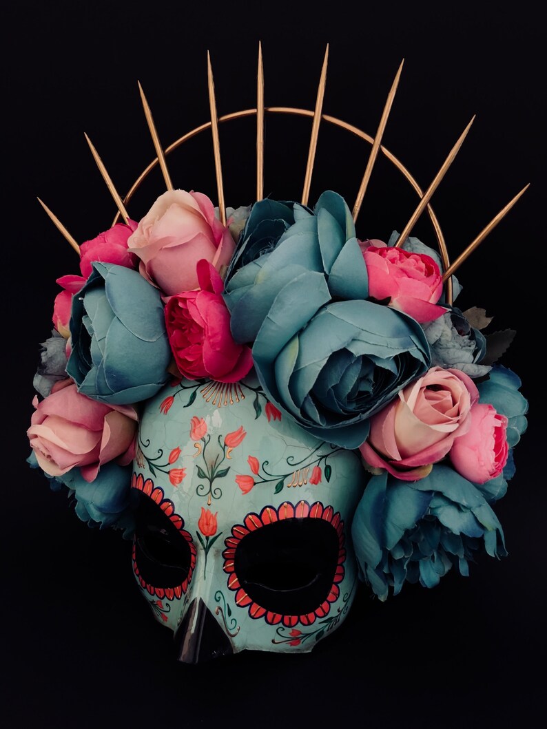 MADE TO ORDER . Catrina Mask with pink and blue flowers .Half face Catrina Mask. Day of the dead art. Carnival mask image 5