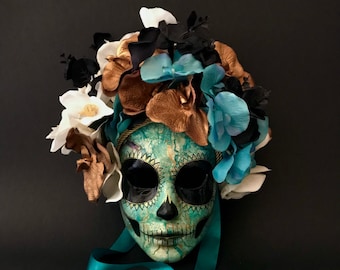 MADE TO ORDER .Marble Catrina with orchids.Catrina Mask. Day of the Dead art. Dia de Muertos art. Masquerade mask.