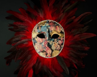 Made to order. Moretta mask with red feathers. Masquerade mask. Carnival mask.