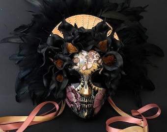 Made to order . Catrina Mask with black feathers. Venetian style mask. Day of the dead mask. Carnival mask.Masquerade mask.