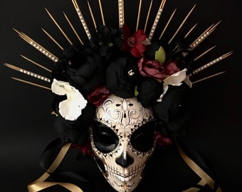 MADE TO ORDER .Day of the Dead mask. Catrina with black peonies. Masquerade mask for women.