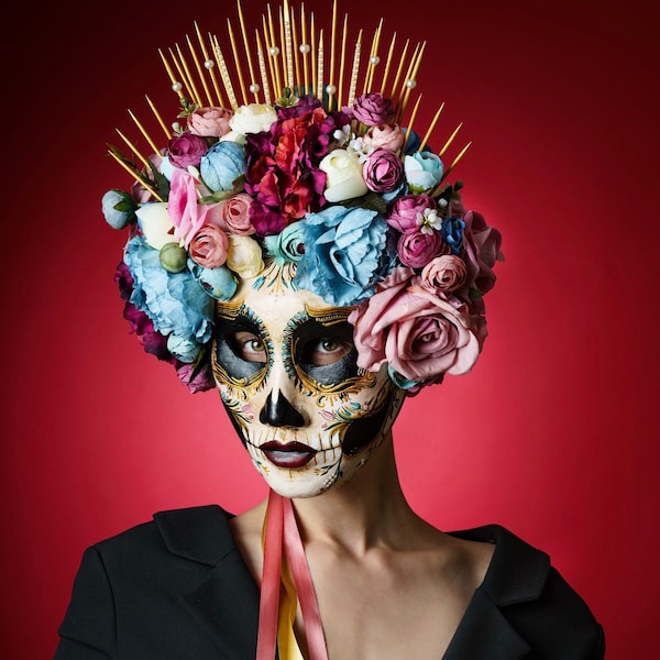 Made to order. Catrina mask with blue and pink flowers. Day of the dead art. Dia de muertos costume.