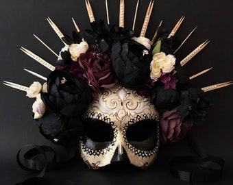 MADE TO ORDER . Half face Catrina mask. Catrina Mask with black peonies. Day of the dead mask. Masquerade mask