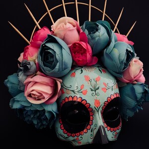 MADE TO ORDER . Catrina Mask with pink and blue flowers .Half face Catrina Mask. Day of the dead art. Carnival mask image 3