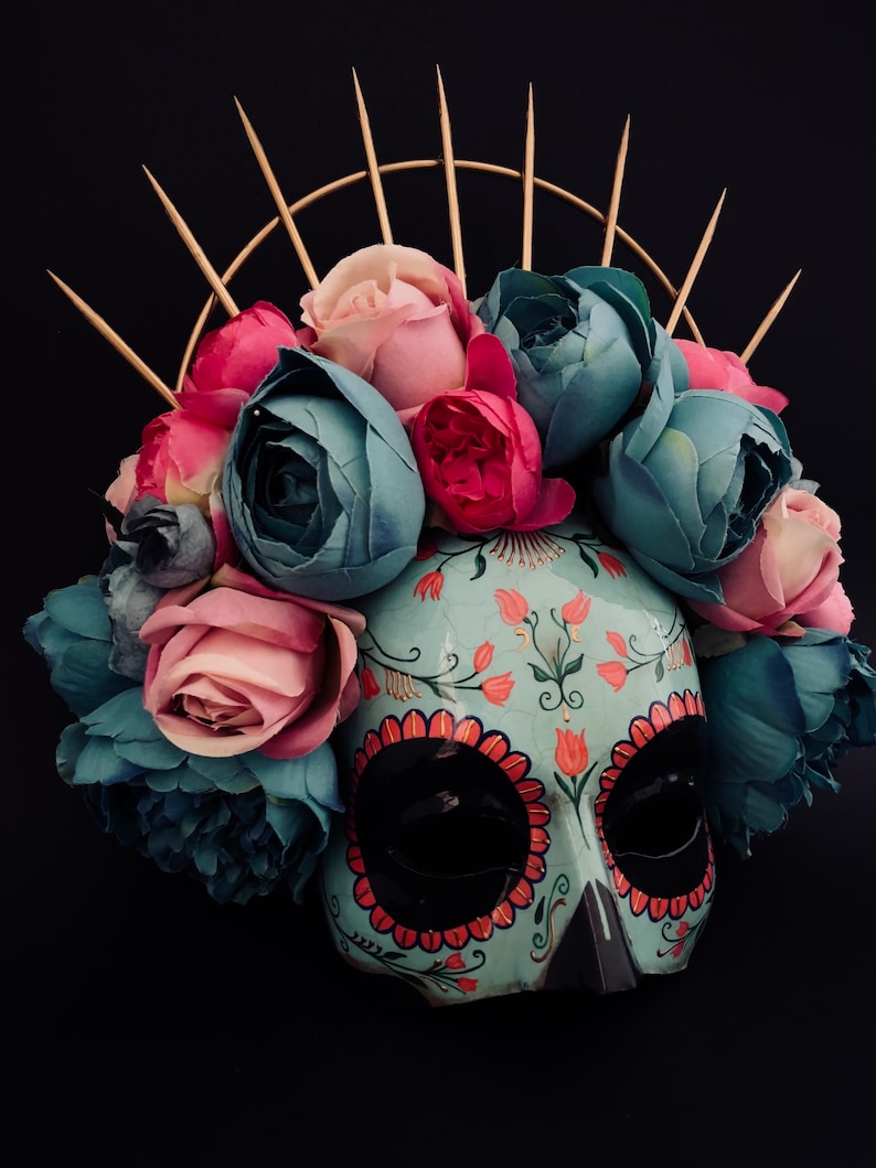 MADE TO ORDER . Catrina Mask with pink and blue flowers .Half face Catrina Mask. Day of the dead art. Carnival mask image 3