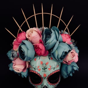 MADE TO ORDER . Catrina Mask with pink and blue flowers .Half face Catrina Mask. Day of the dead art. Carnival mask image 2
