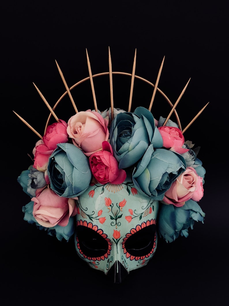 MADE TO ORDER . Catrina Mask with pink and blue flowers .Half face Catrina Mask. Day of the dead art. Carnival mask image 2