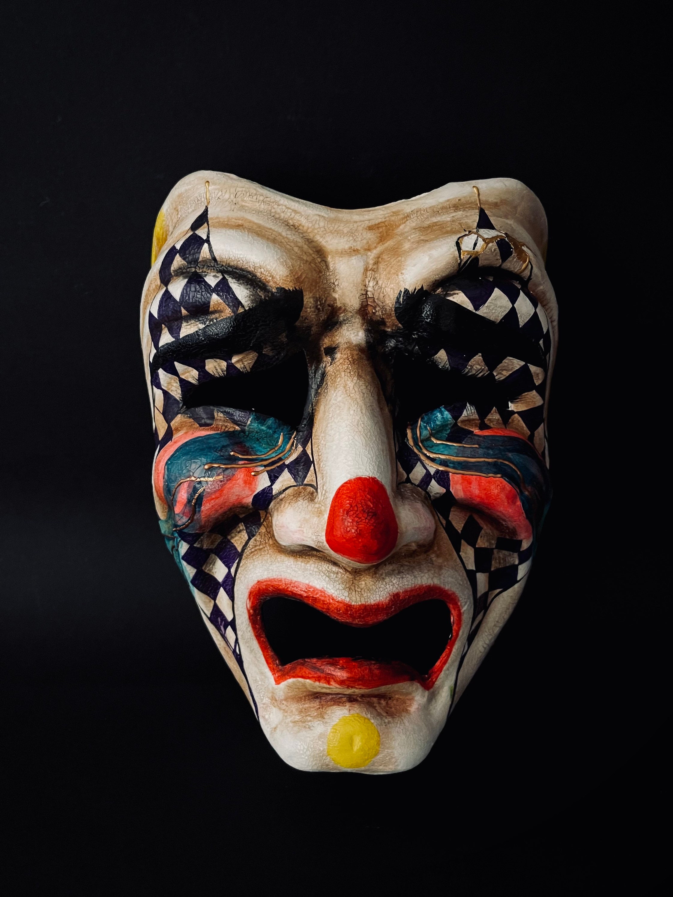 Creepy Clown Mask Paper Mache White Black Red Masks