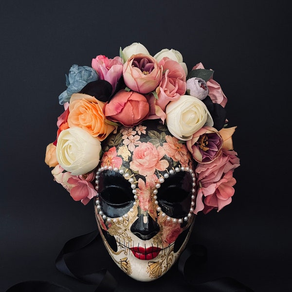 Made to order. Catrina mask with pink roses. Day of the dead art. Dia de muertos art. Carnival mask.