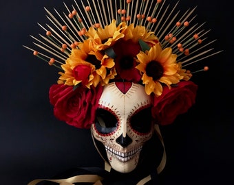 MADE TO ORDER .Catrina mask with sunflowers. La Catrina. Masquerade mask. Day of the Dead mask.