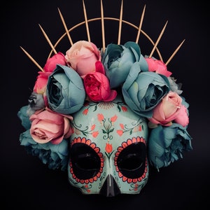 MADE TO ORDER . Catrina Mask with pink and blue flowers .Half face Catrina Mask. Day of the dead art. Carnival mask image 1