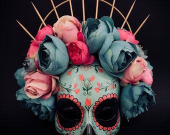 MADE TO ORDER . Catrina Mask with pink and blue flowers .Half face Catrina Mask. Day of the dead art. Carnival mask