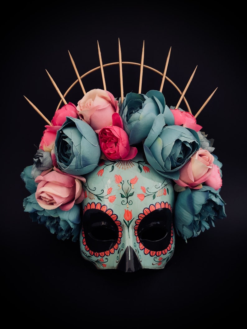 MADE TO ORDER . Catrina Mask with pink and blue flowers .Half face Catrina Mask. Day of the dead art. Carnival mask image 1