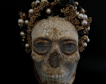 Made to order. Limited edition mask. Catacomb saint mask with flower crown. Skull mask Masquerade mask. Santa Muerte. Luxury mask.