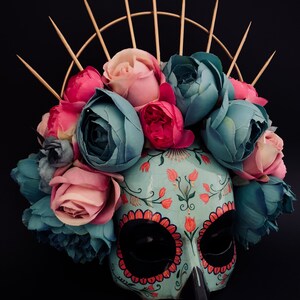 MADE TO ORDER . Catrina Mask with pink and blue flowers .Half face Catrina Mask. Day of the dead art. Carnival mask image 4