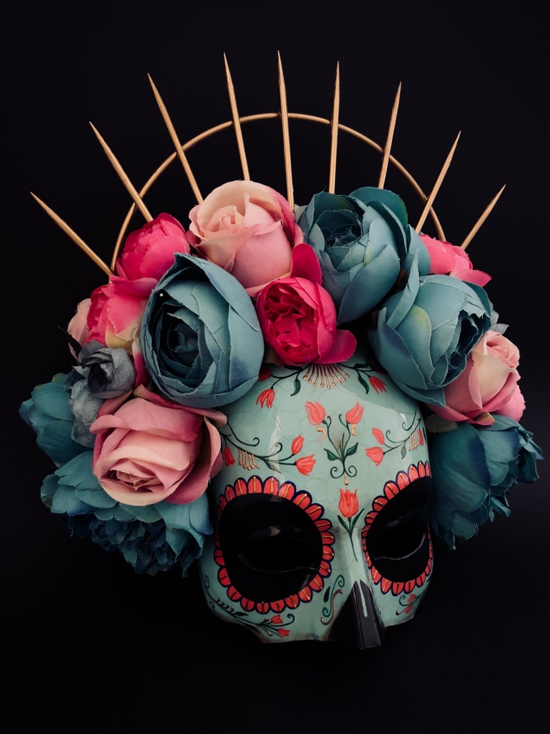 MADE TO ORDER . Catrina Mask with pink and blue flowers .Half face Catrina Mask. Day of the dead art. Carnival mask image 4