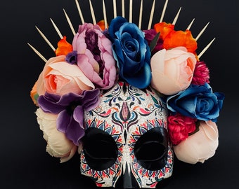 MADE TO ORDER . Catrina Mask with colored flowers .Half face Catrina Mask. Day of the dead art. Carnival mask