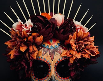 MADE TO ORDER . Catrina Mask with orange and burgundy flowers. Half face Catrina Mask. Day of the dead art. Carnival mask