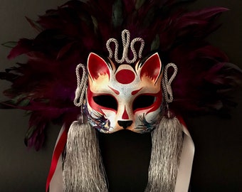 MADE TO ORDER .Kistune mask with feathers. Japanese fox mask. Masquerade mask with feathers.