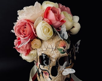 Made to order . Santa Muerte mask. White sugar skull mask. Catrina Mask. Day of the dead art.