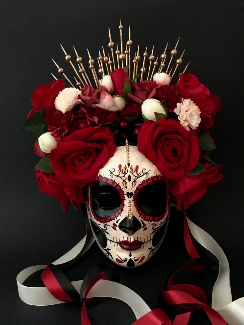 MADE TO ORDER .Catrina with red roses. Catrina Mask. Day of the Dead art. Dia de Muertos mask. image 1